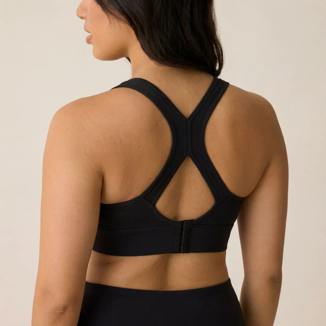 Black active nursing bra X-crossback strap design with back hook closure, back view detail shot