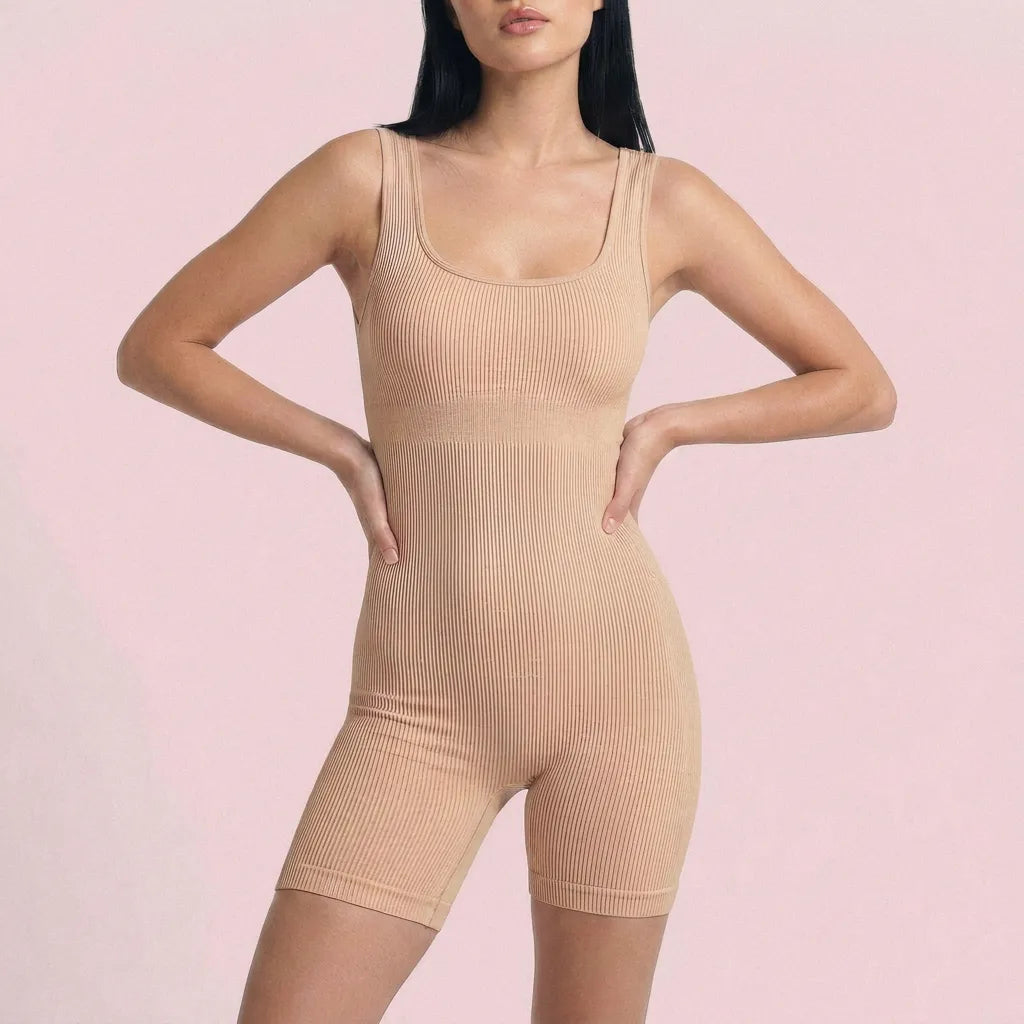 Nude maternity seamless bodysuit ribbed stretch silhouette, full length front product view