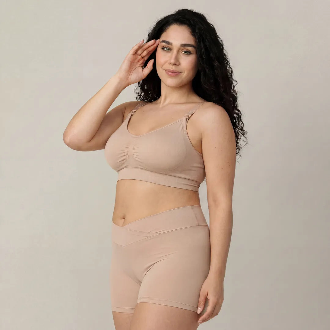 Nude maternity bump support short crossover waistband, angled front view