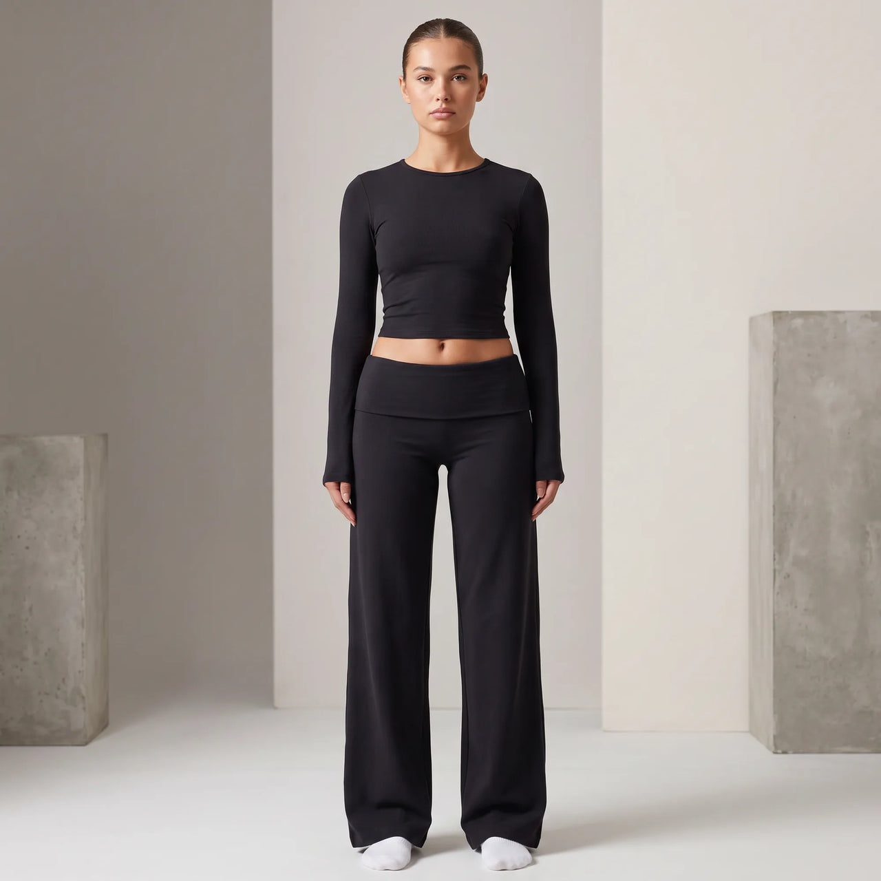 Black Calma high-waisted straight-leg trouser, front view