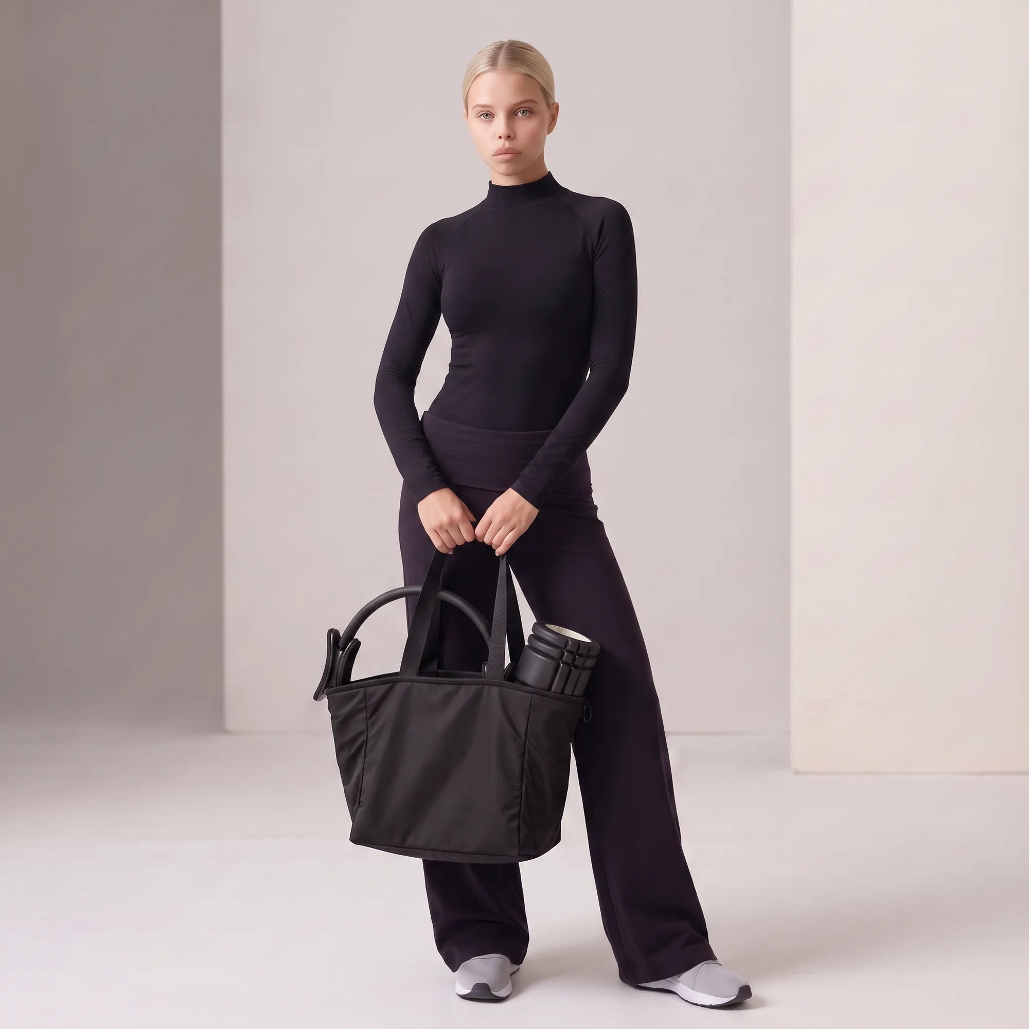 Black Calma high-waisted straight-leg trouser, side view