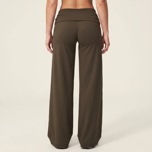 Espresso Calma high-waisted straight-leg trouser, back view showing high foldover waistband