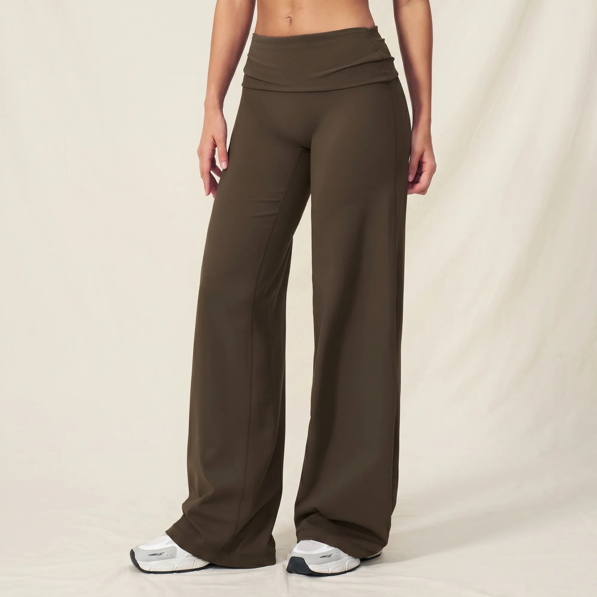 Espresso Calma high-waisted straight-leg trouser, foldover waistband detail