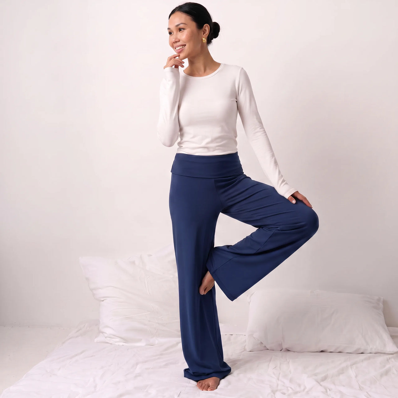 Navy Calma high-waisted straight-leg trouser, front view