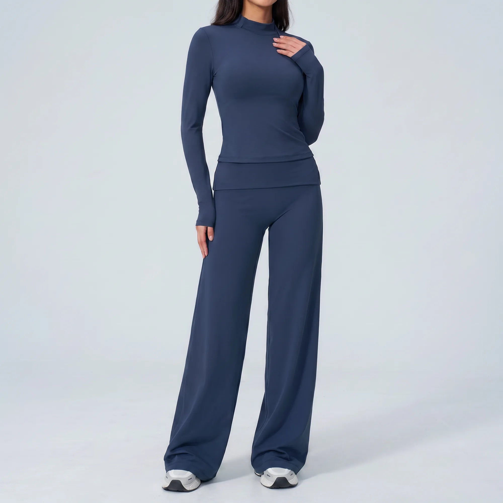 Navy Calma high-waisted straight-leg trouser, side view