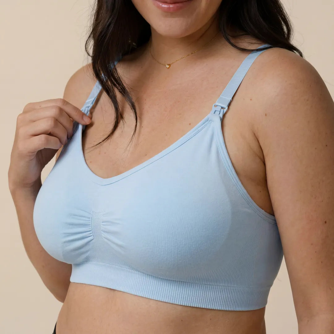 Light blue classic nursing bra drop-cup strap clip nursing access, angled upper body clip detail shot