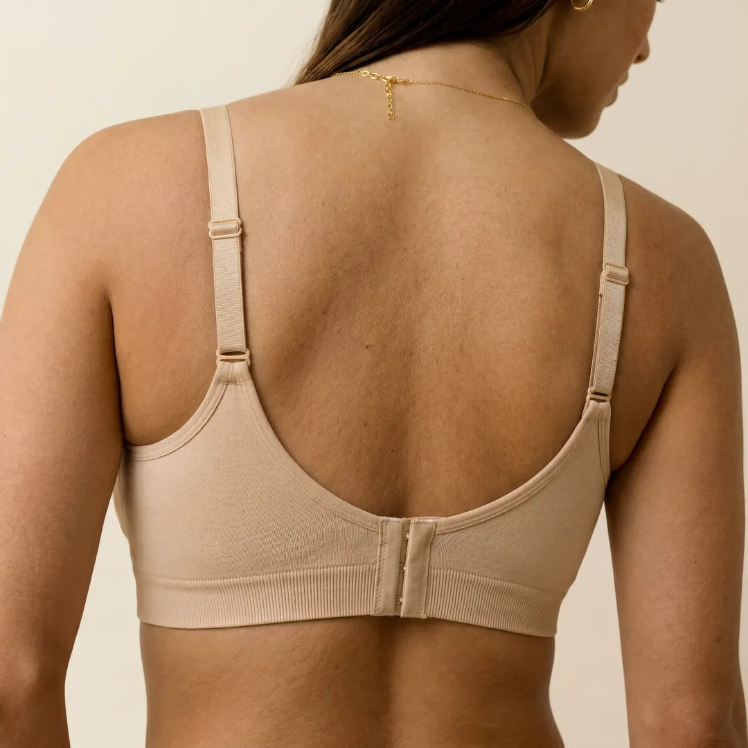 Nude classic nursing bra multi-hook back closure with adjustable straps, back view studio shot