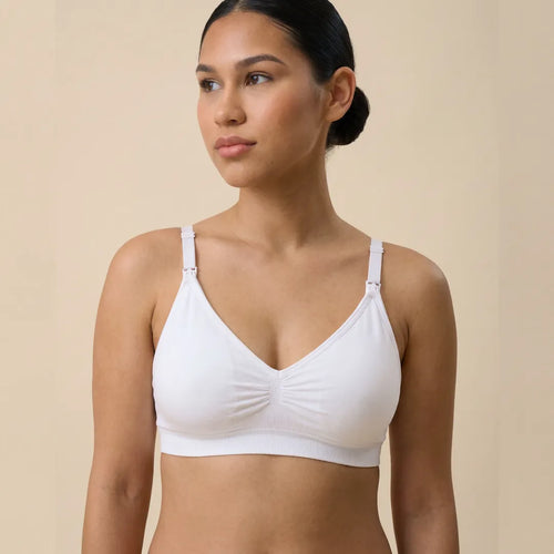 White classic nursing bra smooth gathered cup with drop-clip strap access, upper body studio portrait shot