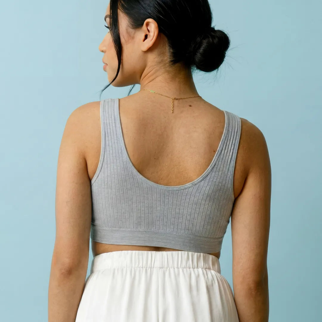 Light blue nursing cotton bra ribbed racerback wide strap, back view studio shot