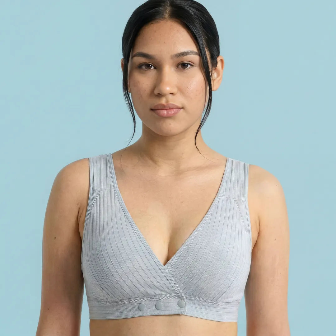 Light blue nursing cotton bra ribbed wrap front with wide straps, studio portrait shot