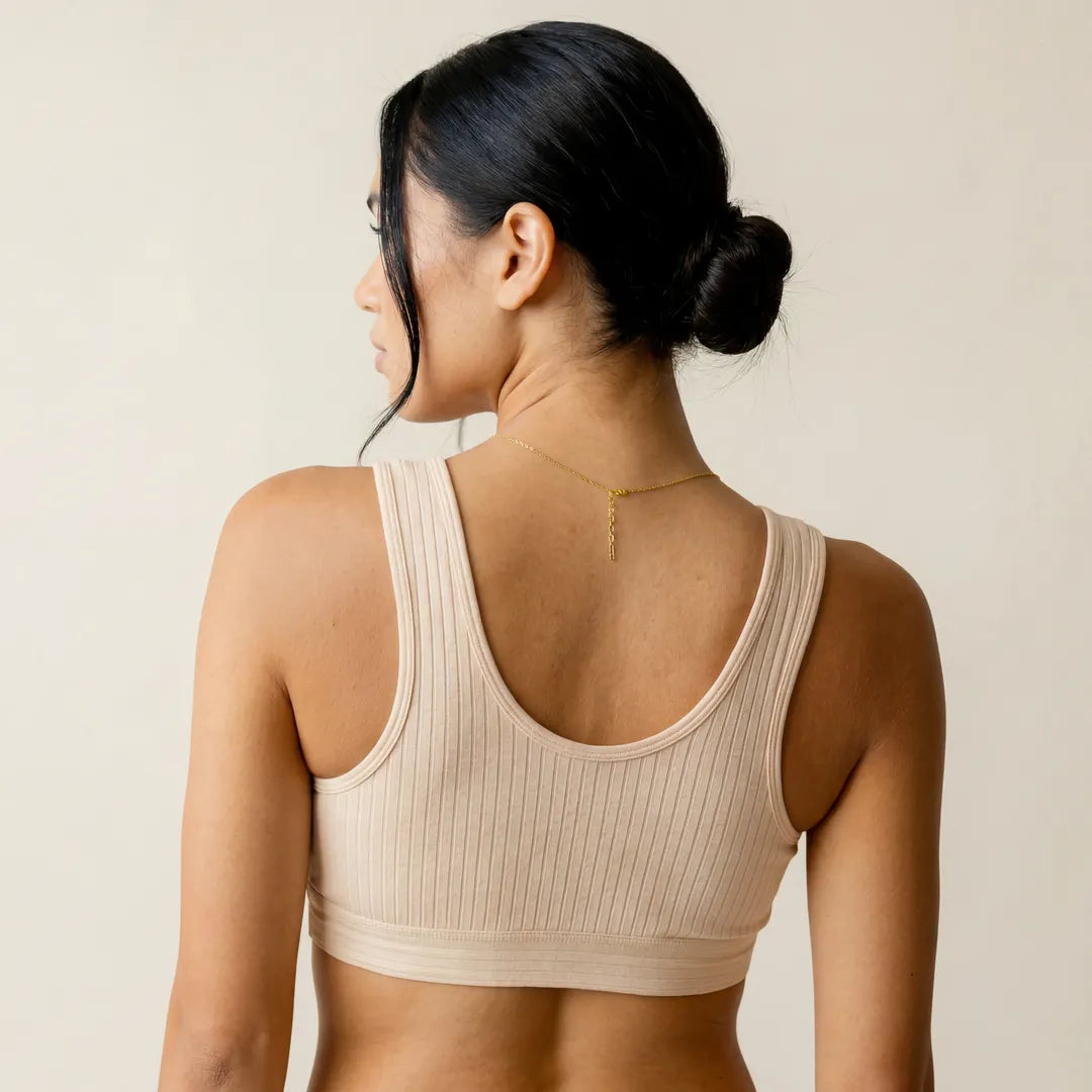 Nude nursing cotton bra ribbed racerback wide strap, back view studio shot