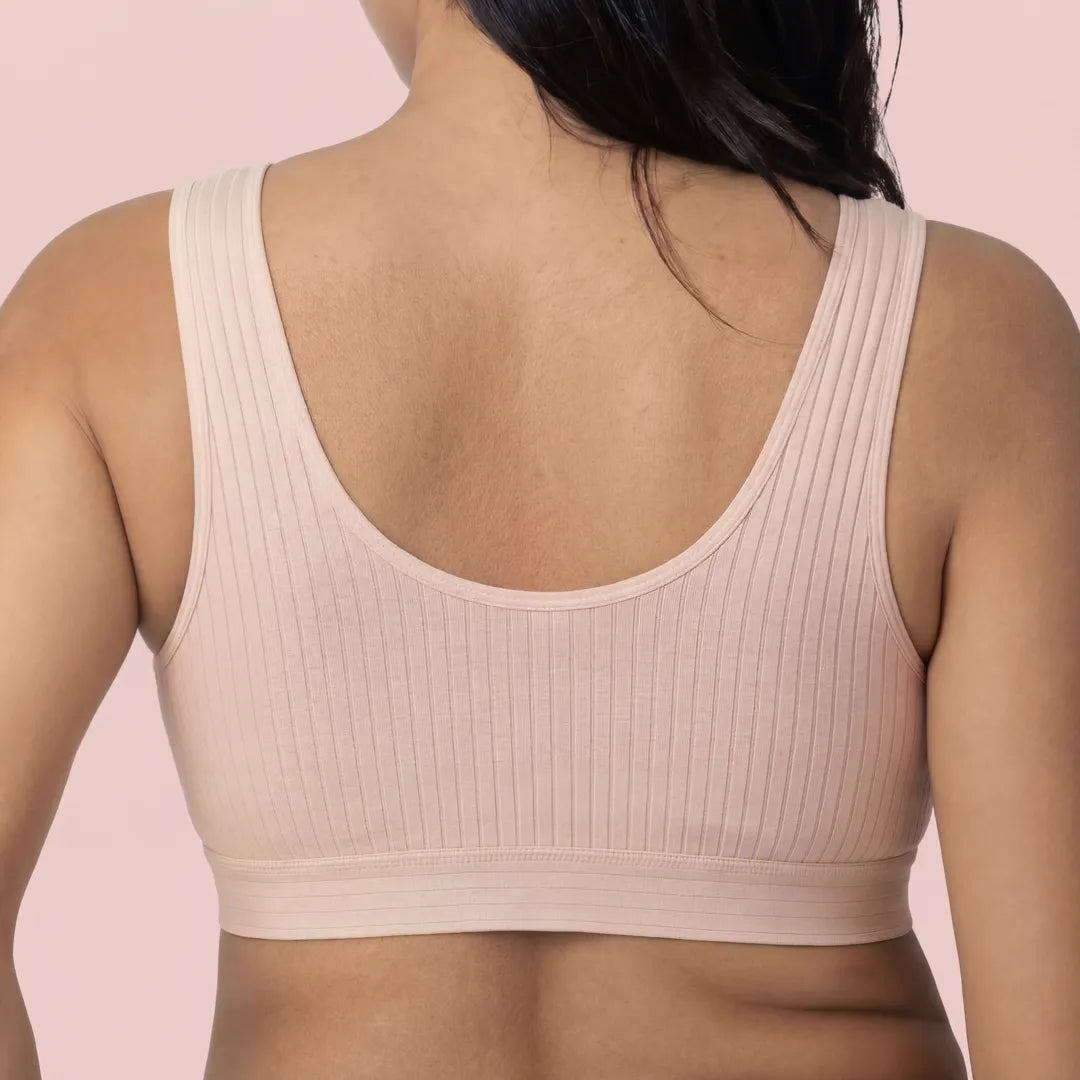 Pink nursing cotton bra ribbed racerback wide strap, back view studio shot