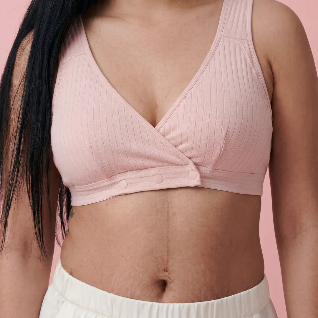 Pink nursing cotton bra ribbed wrap front with snap closure buttons, close-up front clasp detail shot