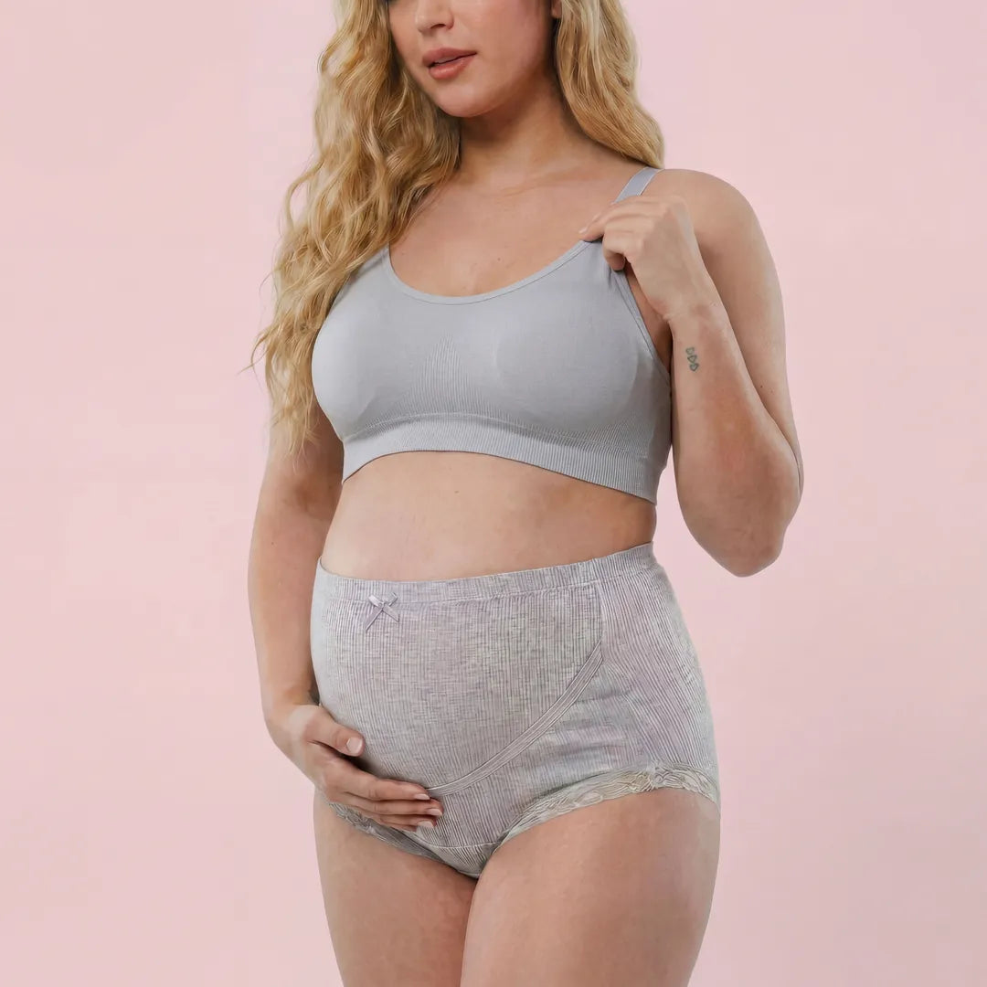 Grey maternity cotton brief lace trim belly support, pregnant model front view