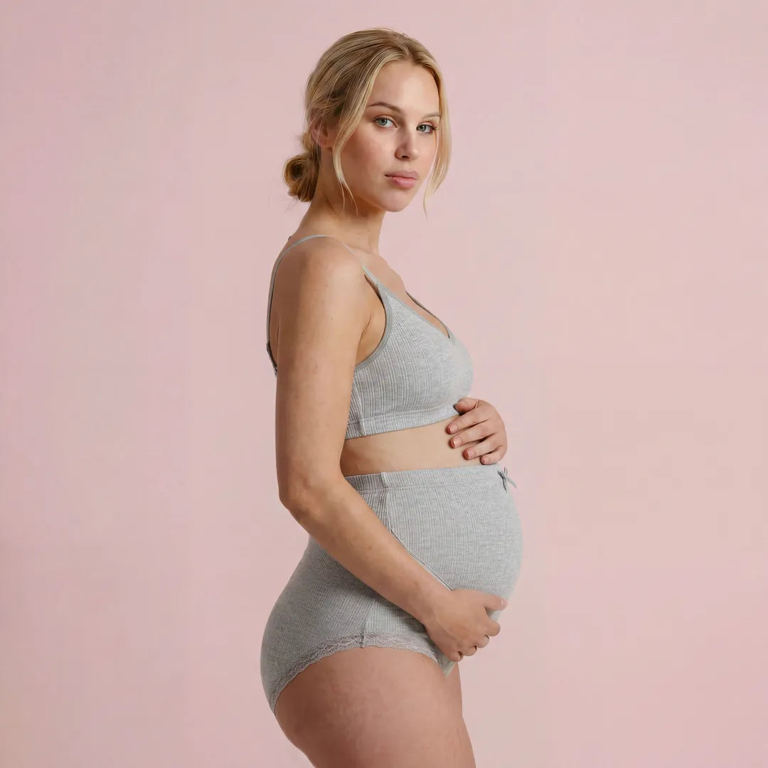 Grey maternity cotton brief lace trim belly support, pregnant model side view