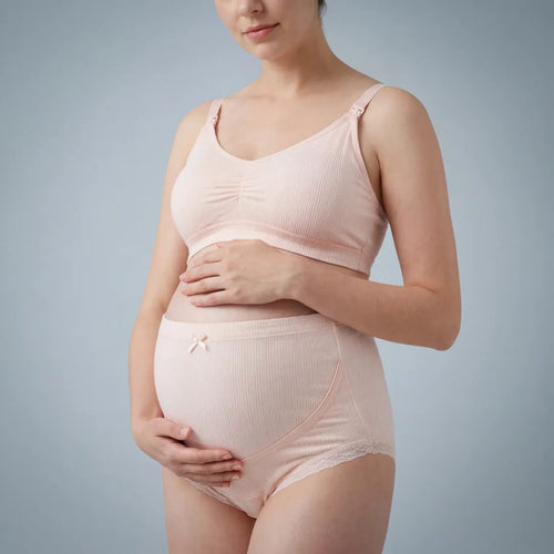 Nude maternity cotton brief lace trim belly support, pregnant model front view