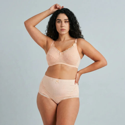 Nude maternity cotton brief lace trim belly support, front view