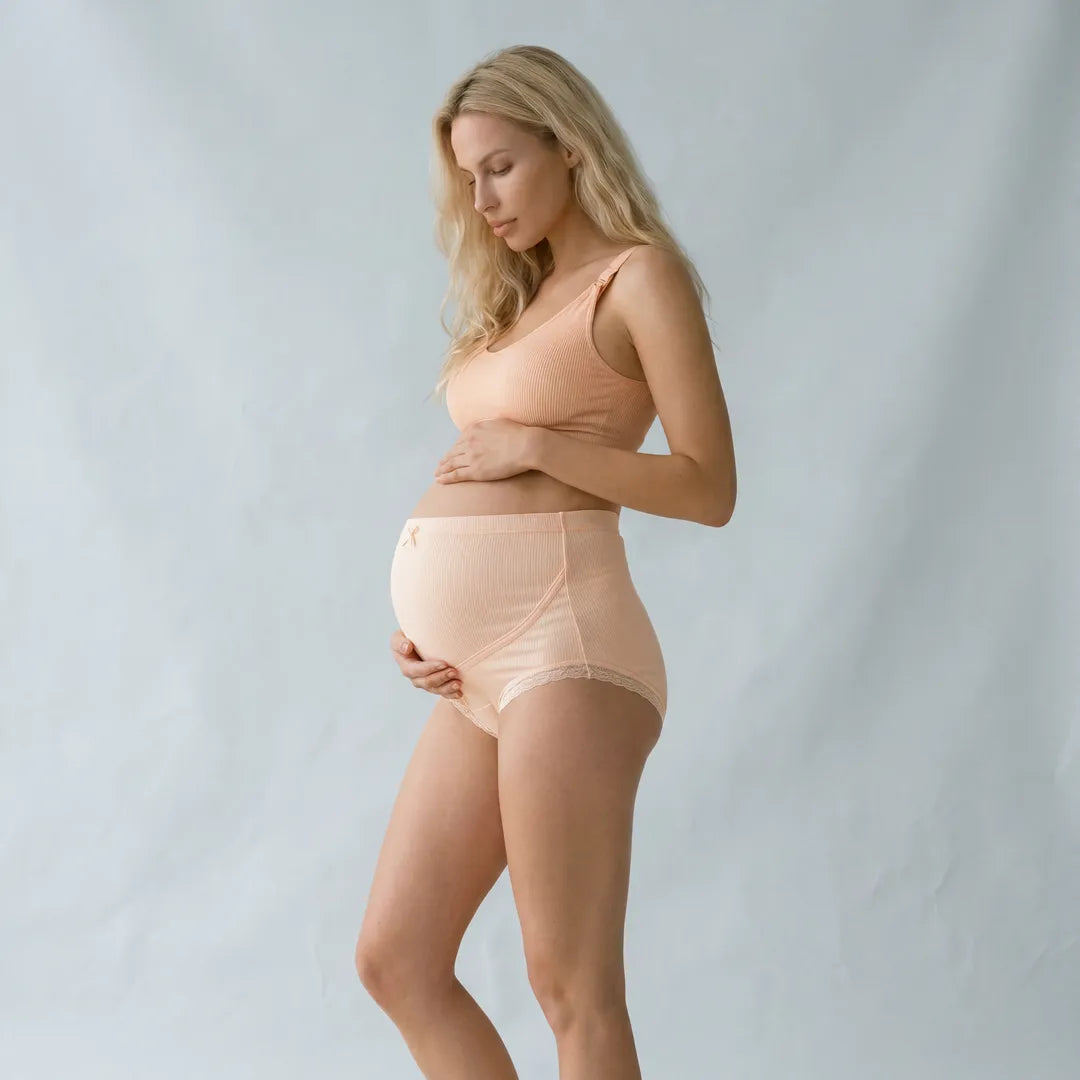 Nude maternity cotton brief lace trim belly support, model full length view