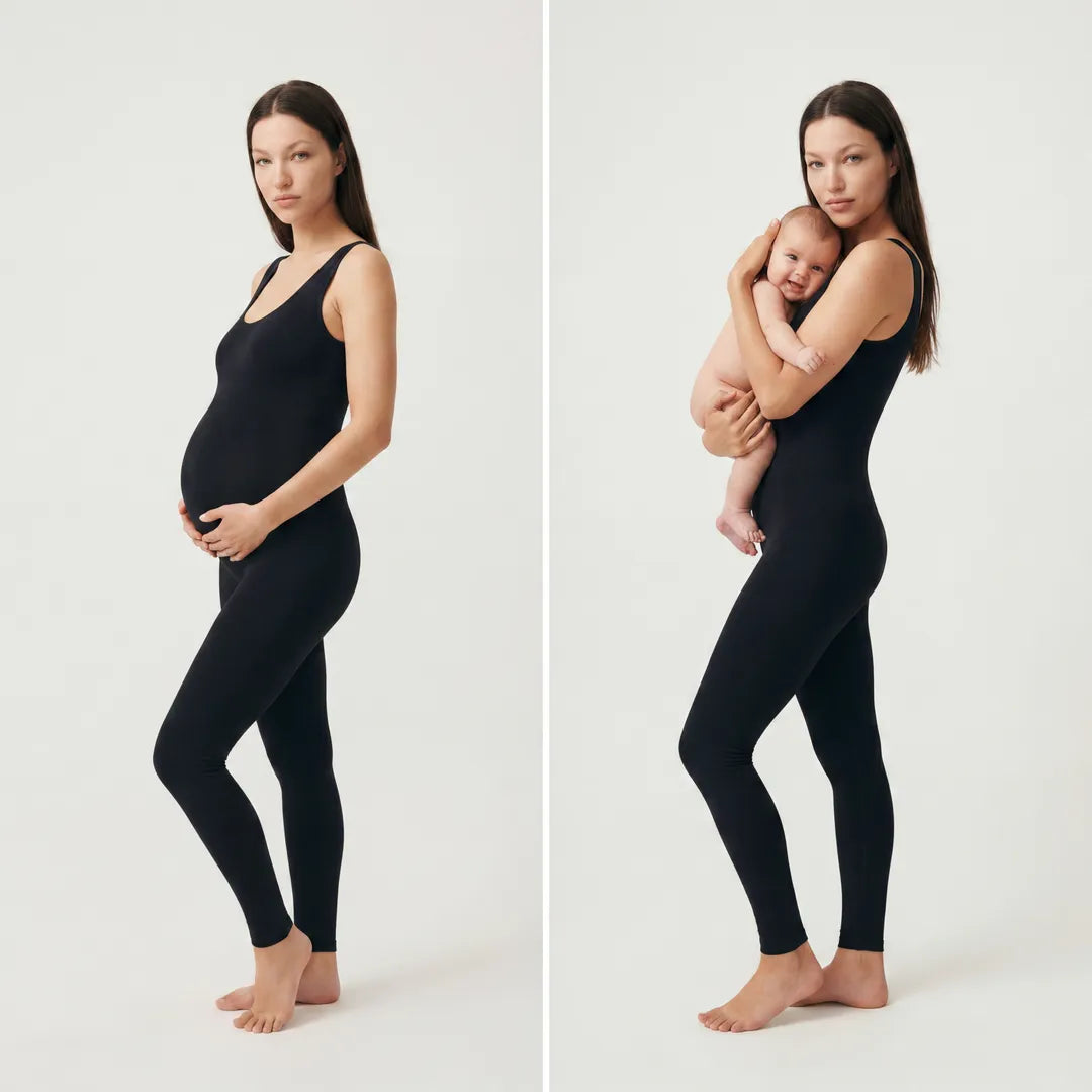 Black maternity daily jumpsuit worn during pregnancy and postpartum, composite two-panel view