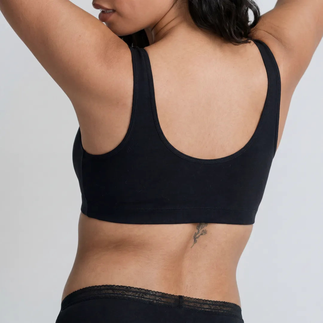 Black nursing bra wide comfort straps, back view