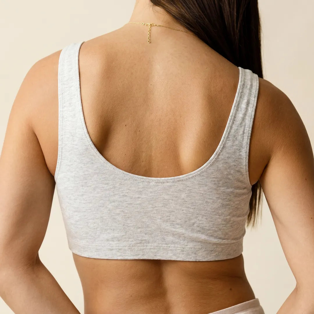 Grey nursing bra wide comfort straps, back view