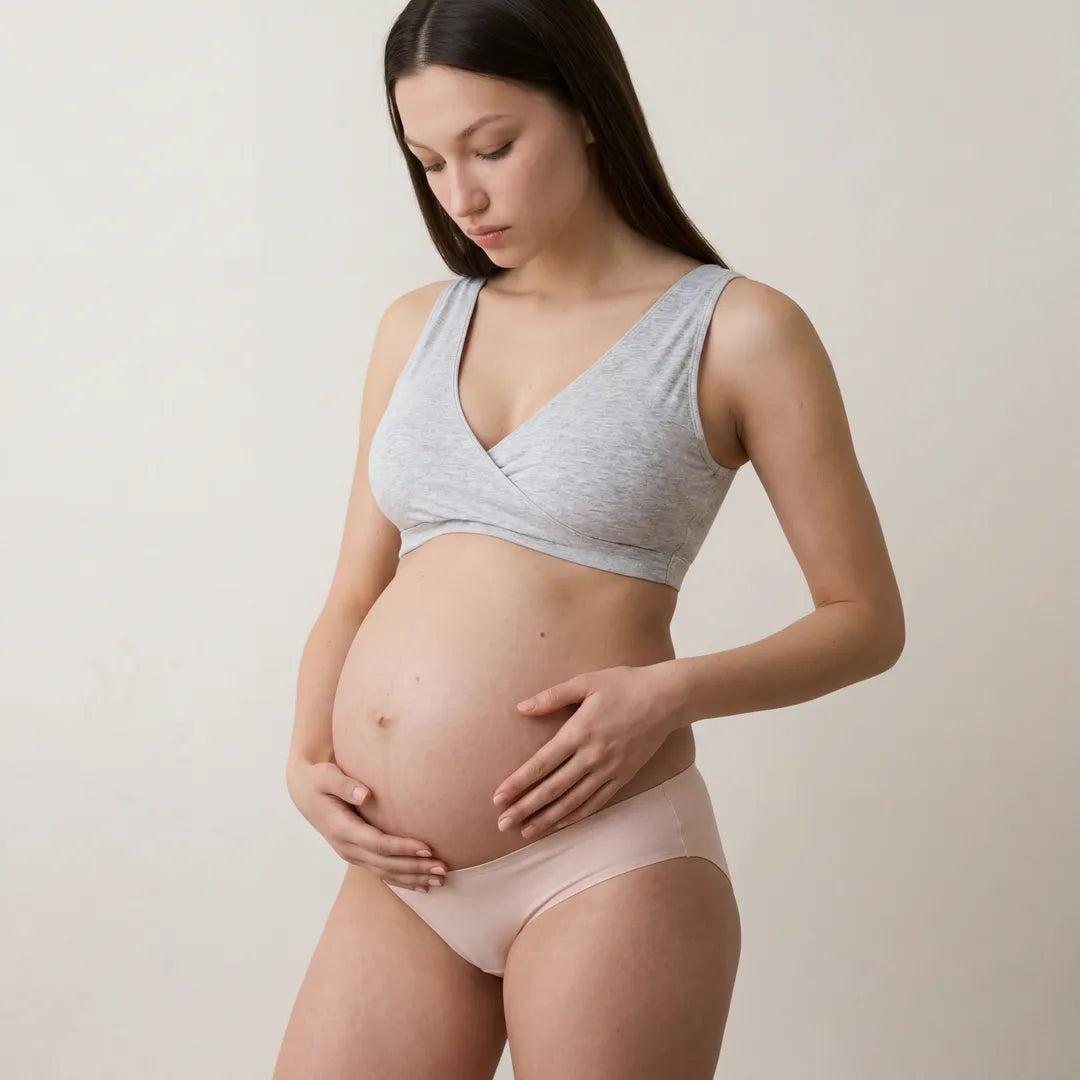 Grey nursing bra crossover wrap front, pregnant model standing view