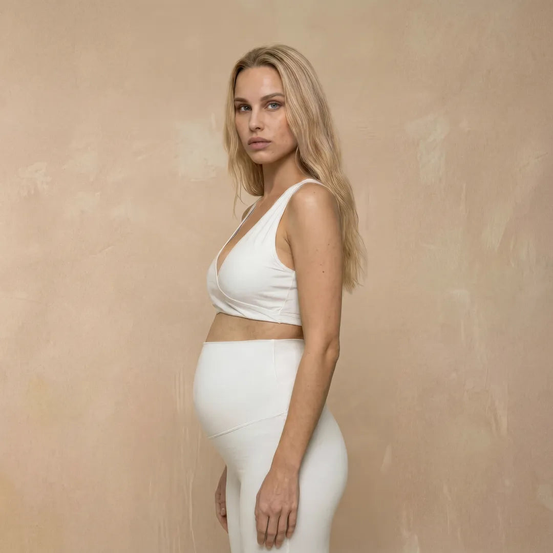 White nursing bra crossover wrap front, pregnant model side view