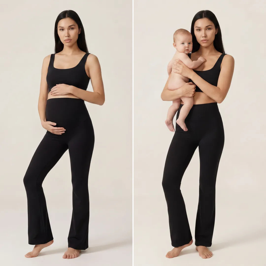 Black maternity flare leggings worn during pregnancy and postpartum, two views