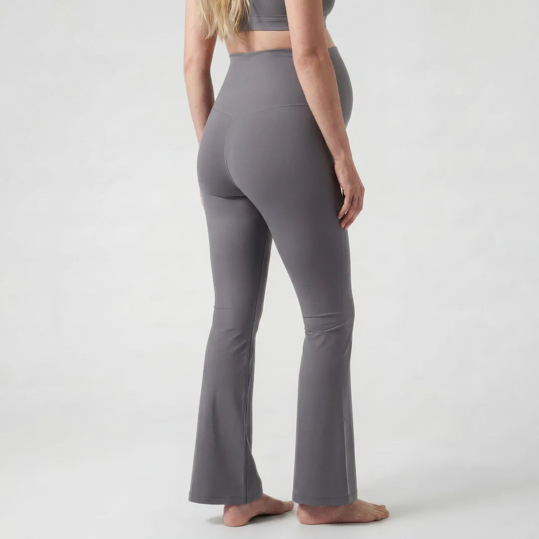 Gray maternity flare leggings back view, full length