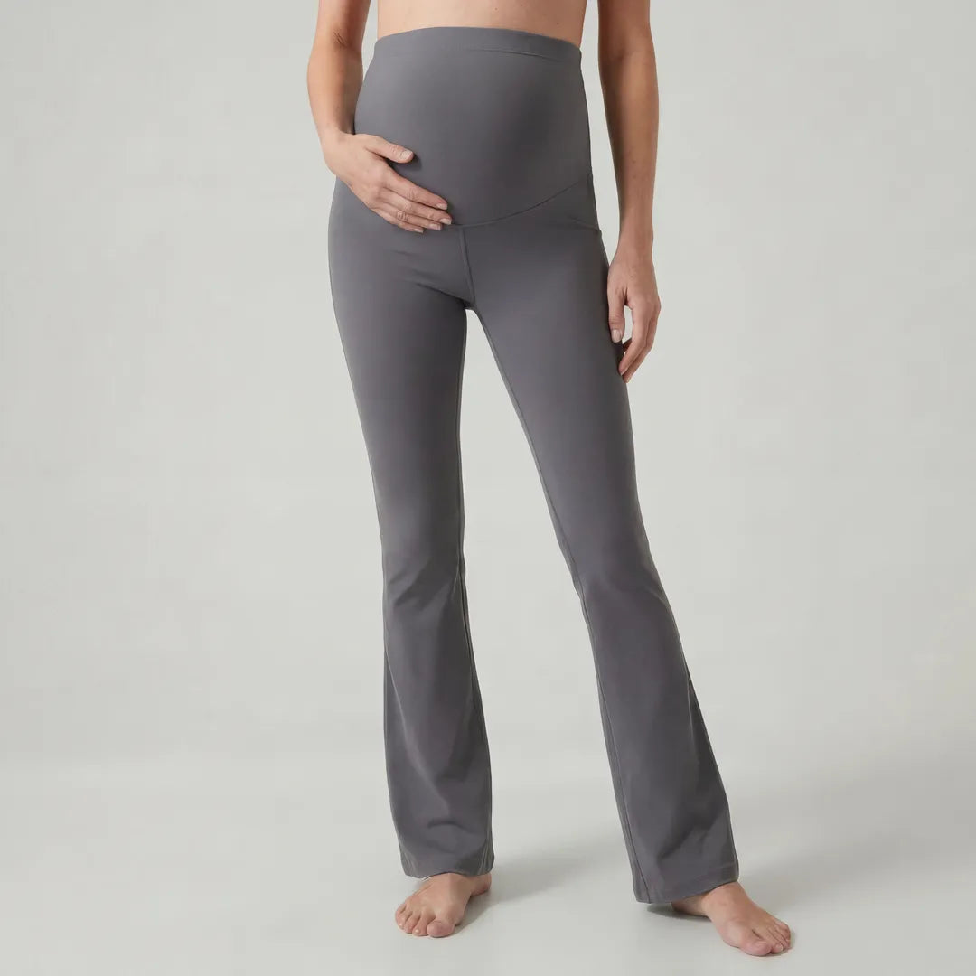 Gray maternity flare leggings over-bump waist panel, side close-up