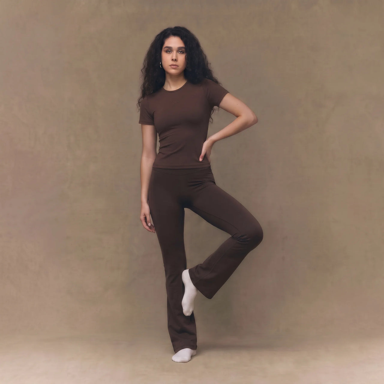 Chocolate brown Florecer high-waisted flare legging, front view
