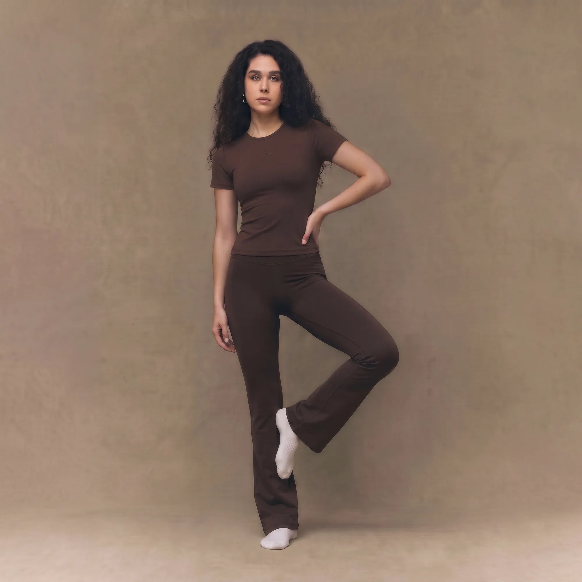 Chocolate brown Florecer high-waisted flare legging, front view