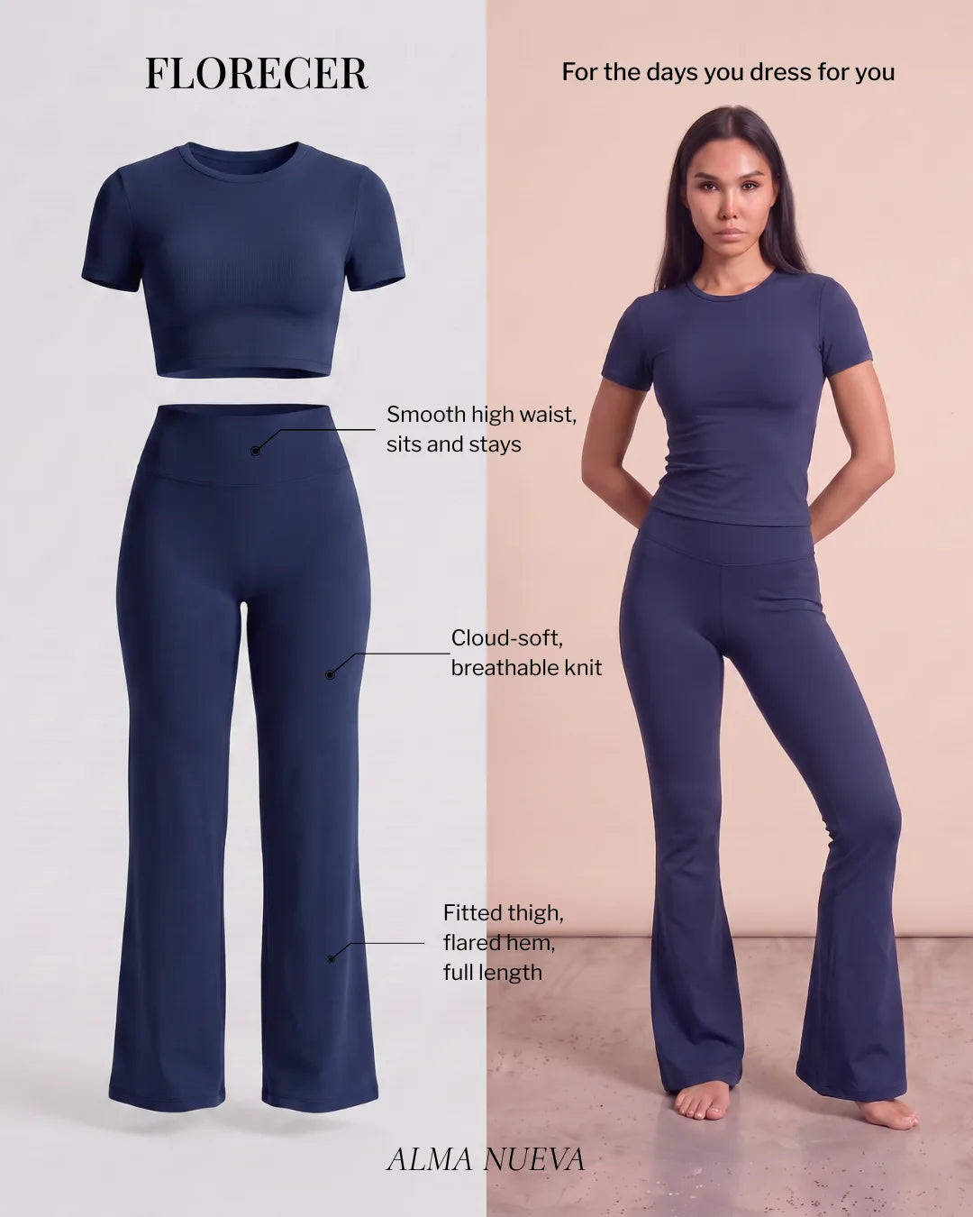 Alma Nueva Florecer high-waisted flare legging features, no-roll high waist, brushed four-way-stretch knit, fitted thigh and flared hem
