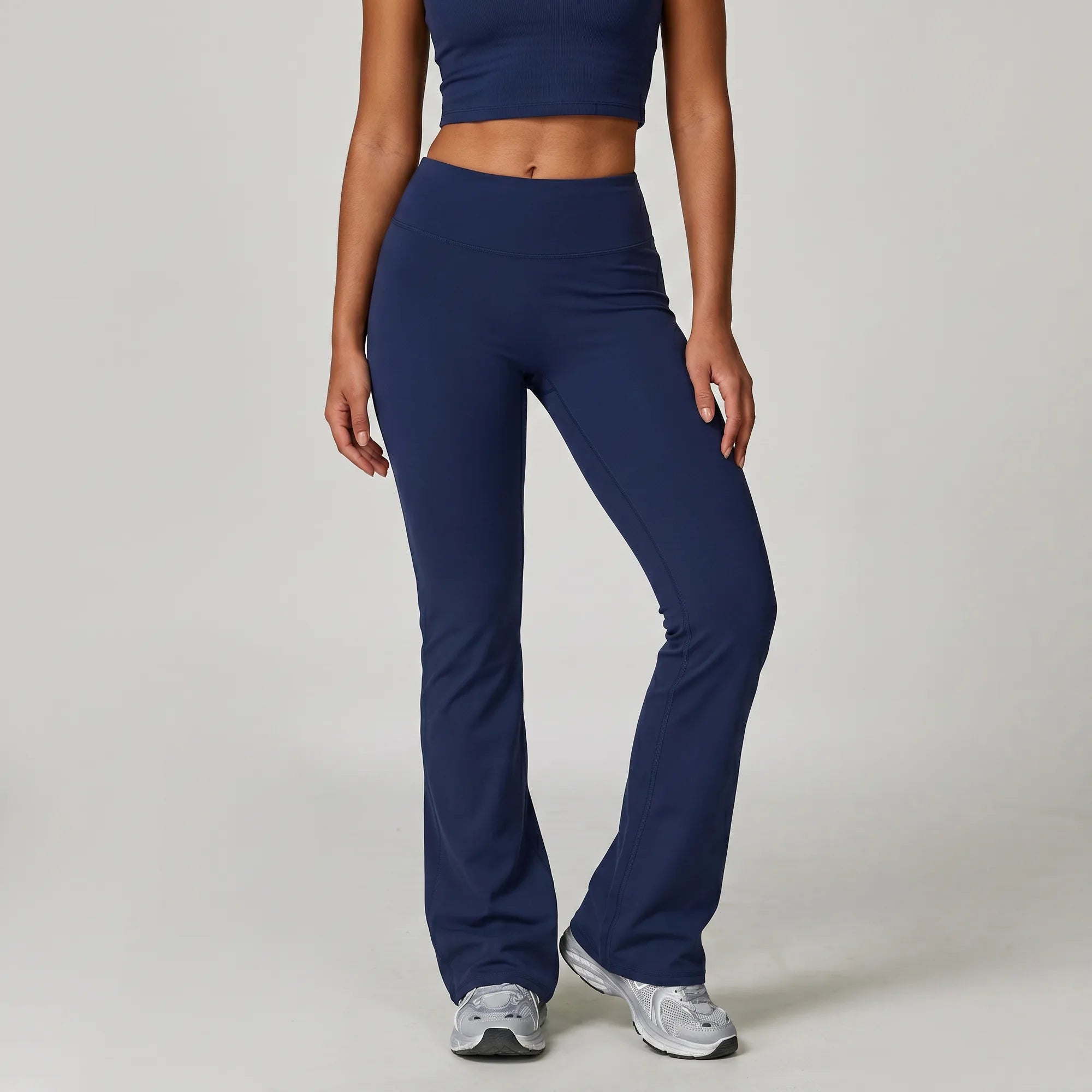 Navy Florecer high-waisted flare legging, front view

