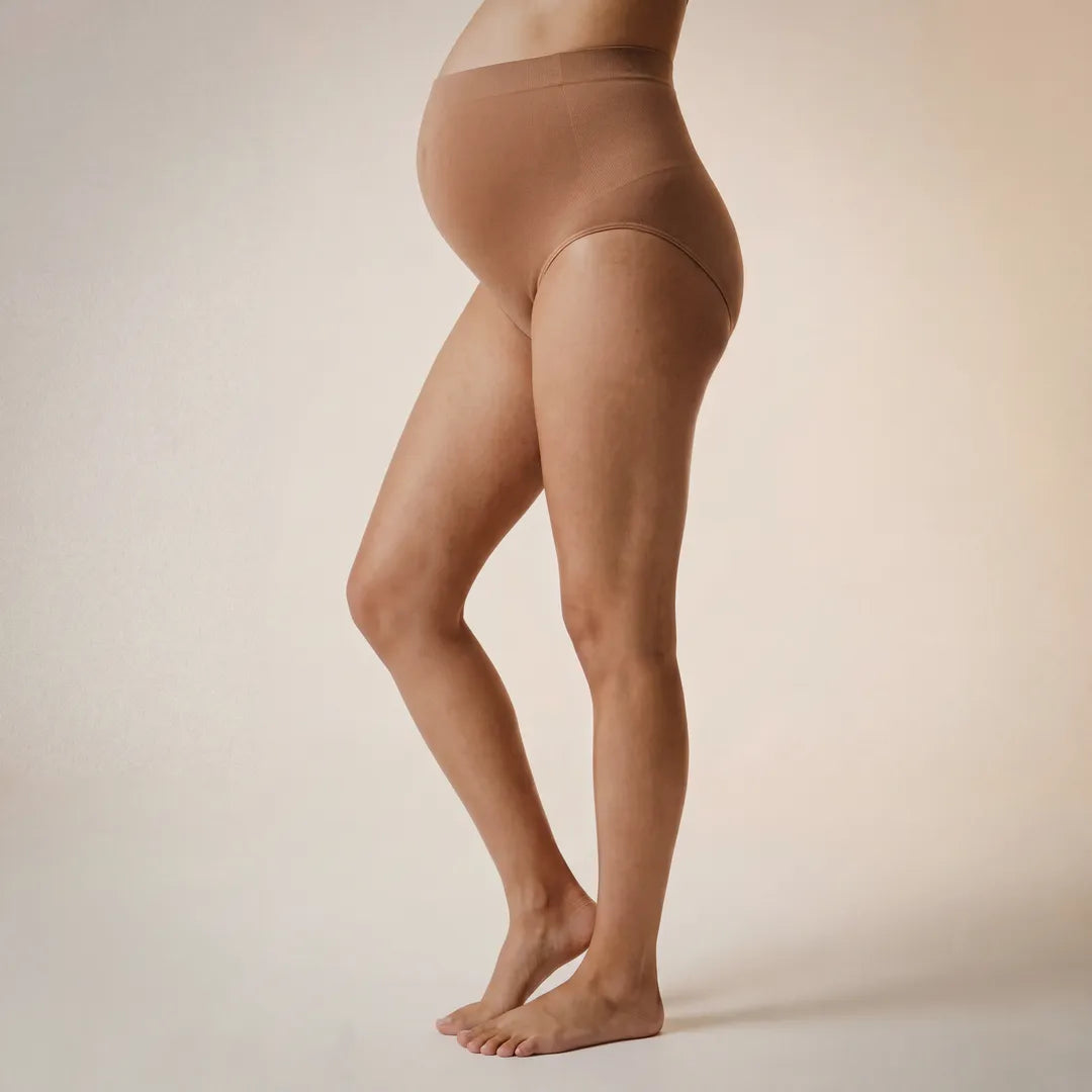 Beige maternity high waist brief over bump coverage, back view