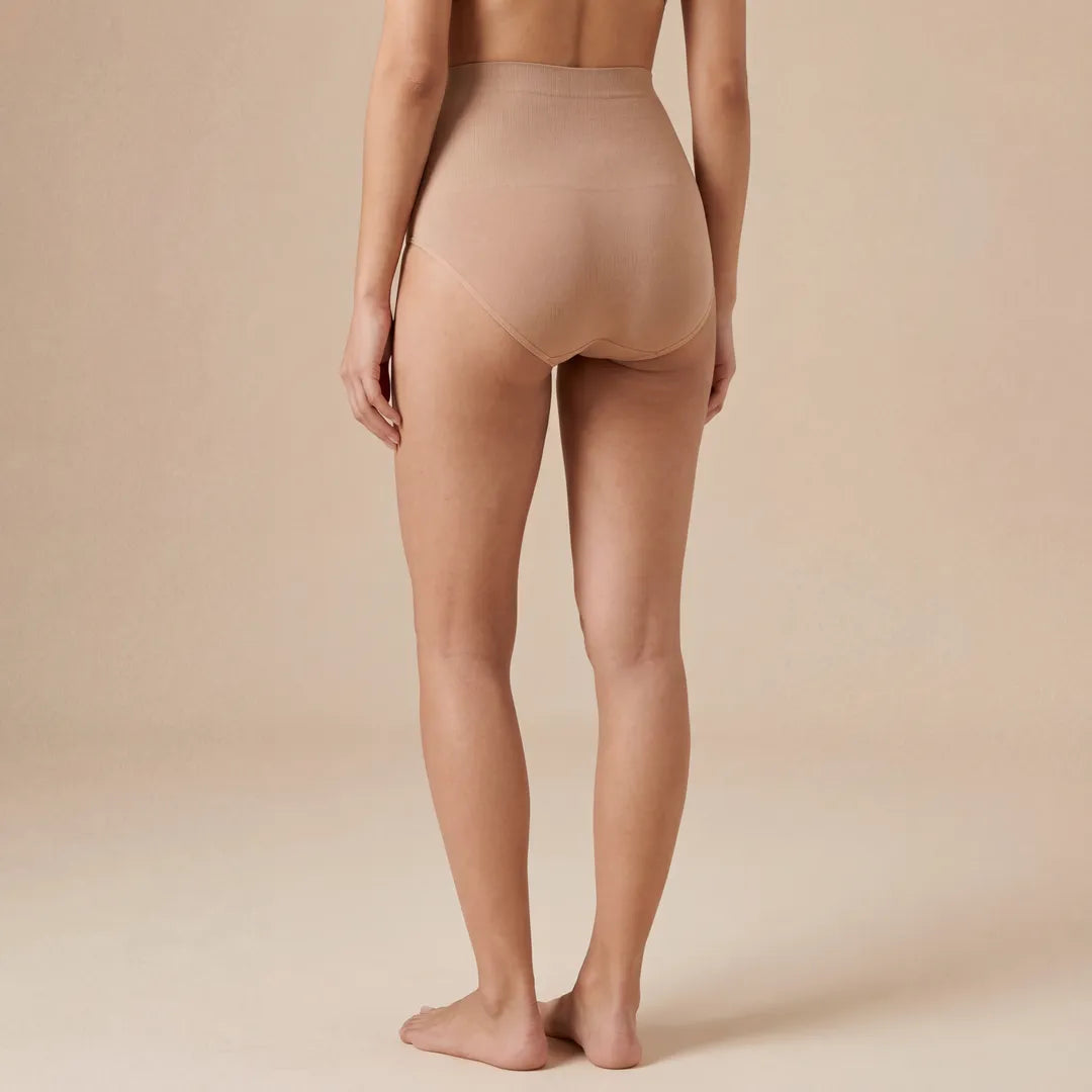 Beige maternity high waist brief over bump coverage, back view