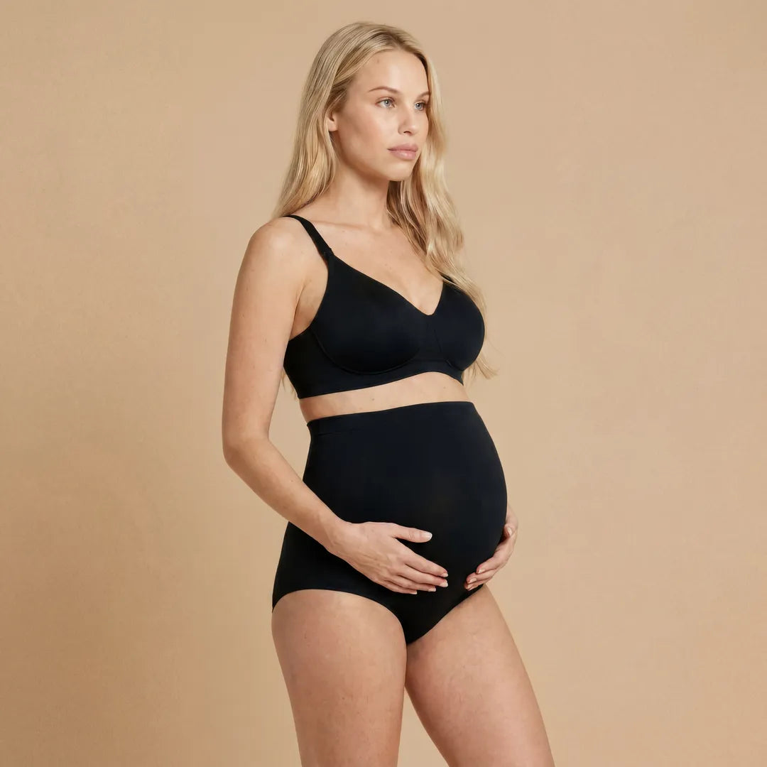 Black maternity high waist brief over bump coverage, front view
