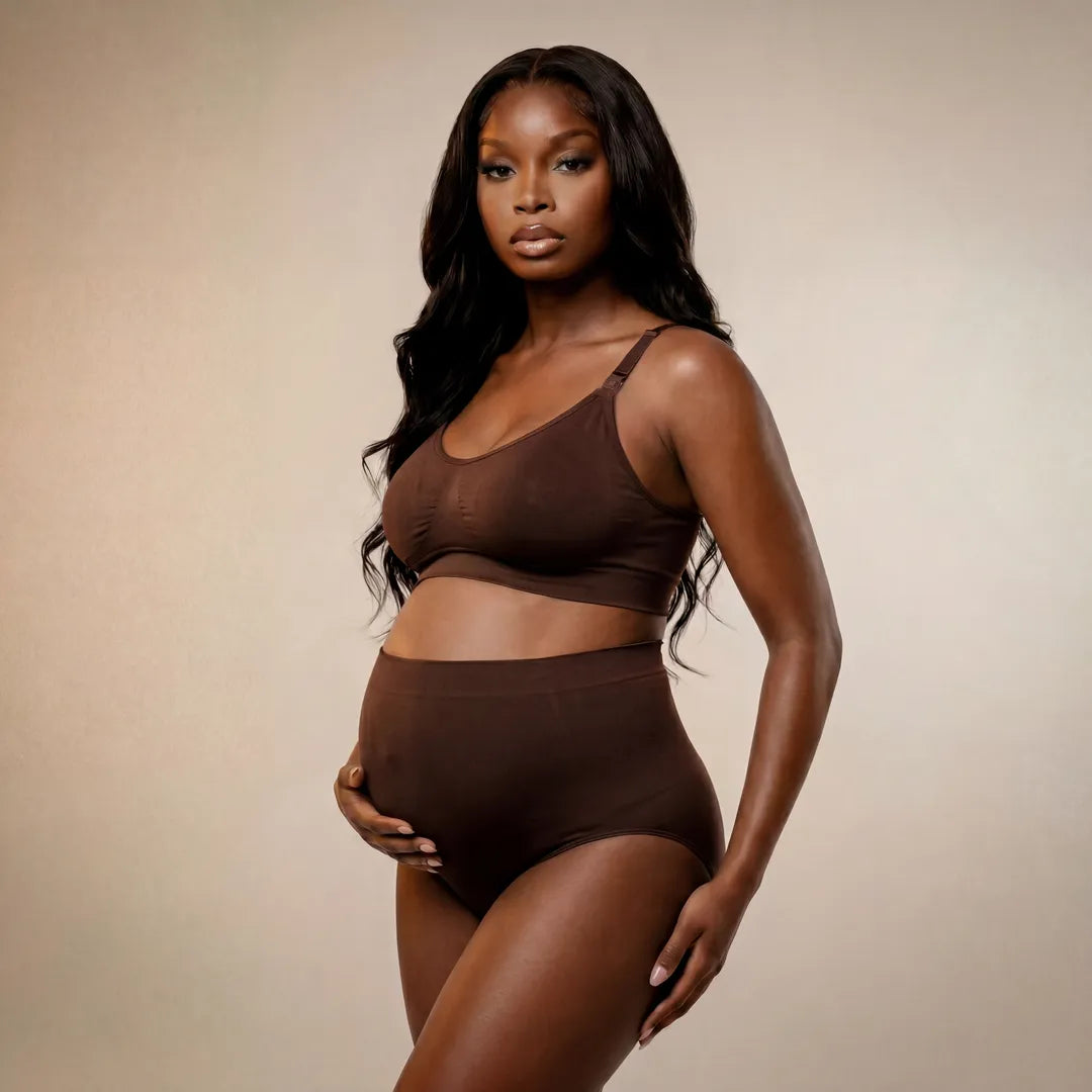 Chocolate maternity high waist brief over bump coverage, front view

