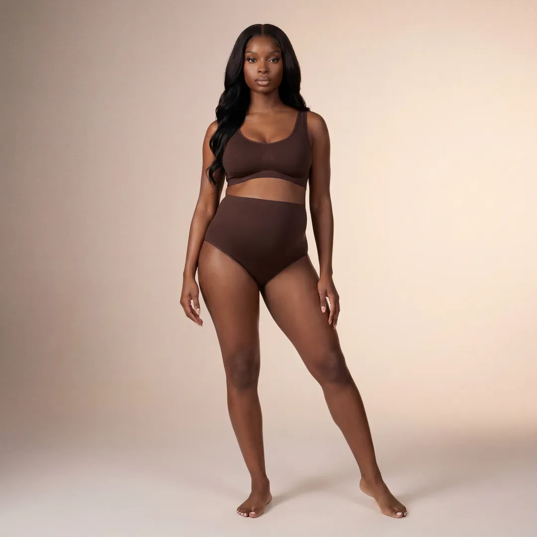 Chocolate maternity high waist brief over bump coverage, front view