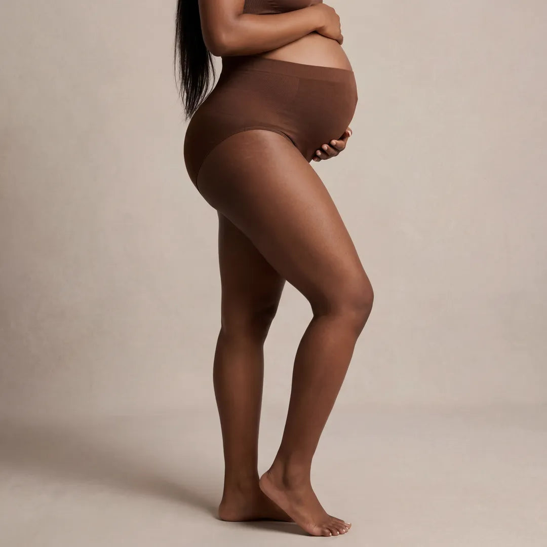 Chocolate maternity high waist brief over bump coverage, side view