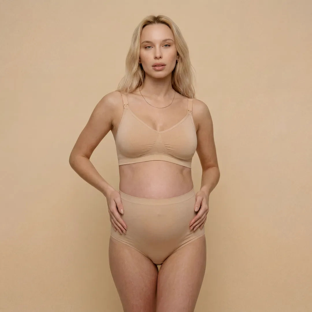 Nude maternity high waist brief over bump coverage, front view