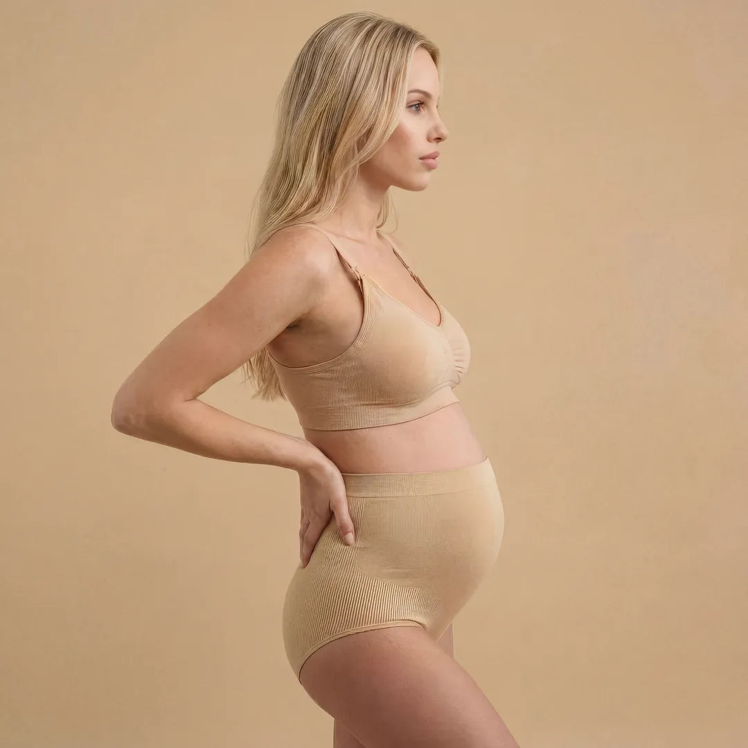 Nude maternity high waist brief nursing clip open, detail view