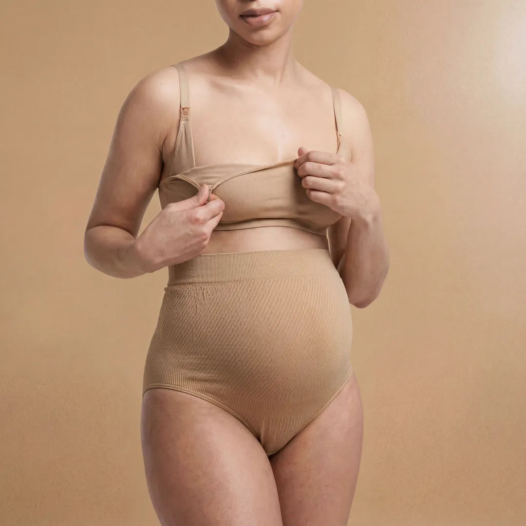 Nude maternity high waist brief over bump coverage, side view
