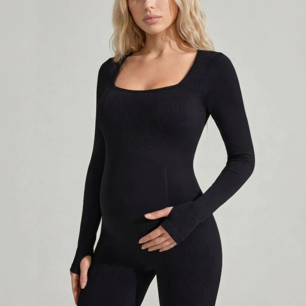 Black maternity jumpsuit square neckline bump stretch, upper body neckline detail crop