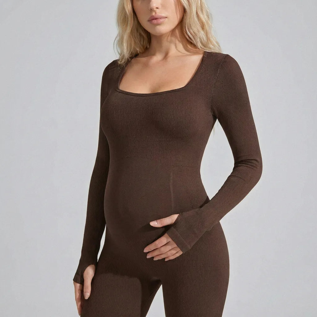 Chocolate maternity jumpsuit square neckline thumbhole cuffs, upper body detail crop