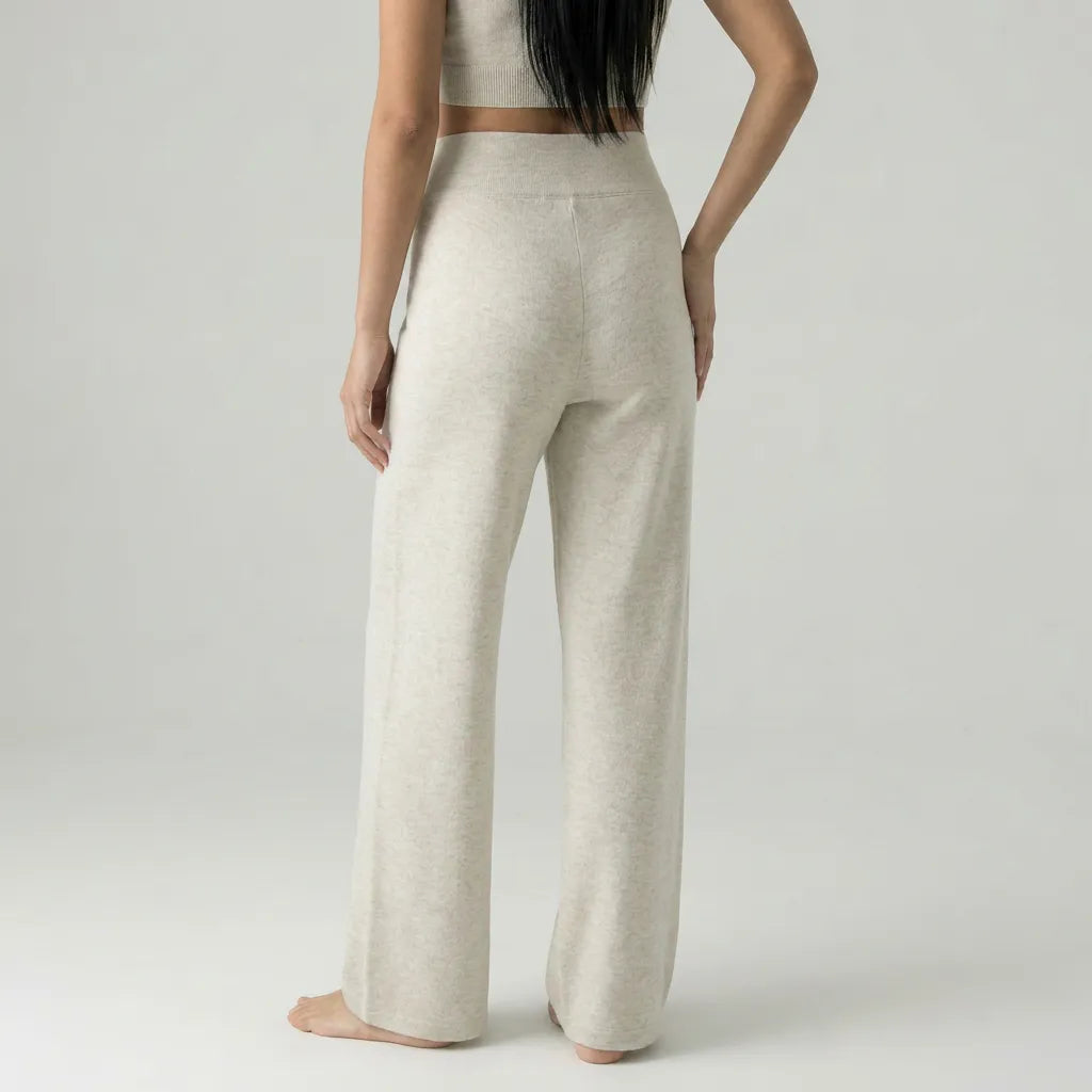 Tea white knit maternity trousers wide leg back view, full length