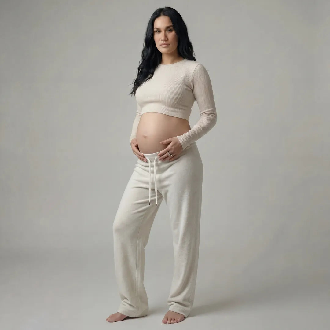 Tea white knit maternity trousers with drawstring waist, full length front view