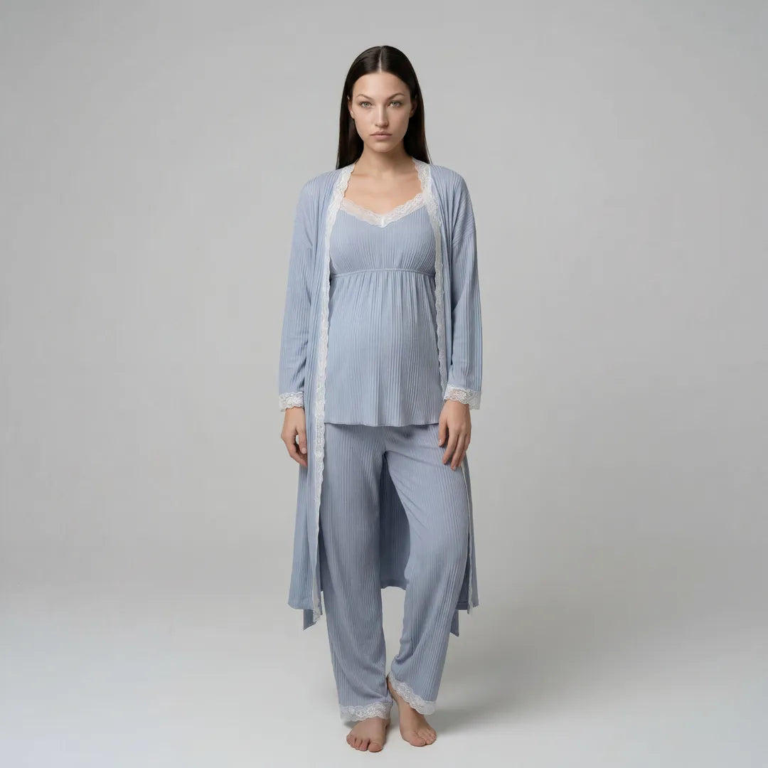 Blue maternity cotton lounge set ribbed lace trim three-piece, full length front studio view