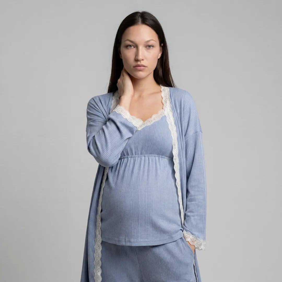 Blue maternity cotton lounge set lace trim cami neckline detail, upper body close-up crop