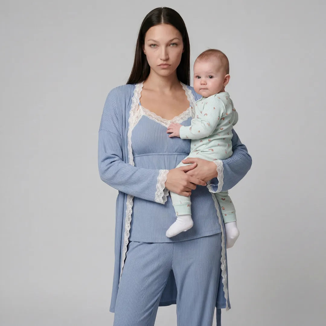 Blue maternity cotton lounge set ribbed lace trim robe, postpartum lifestyle shot with baby